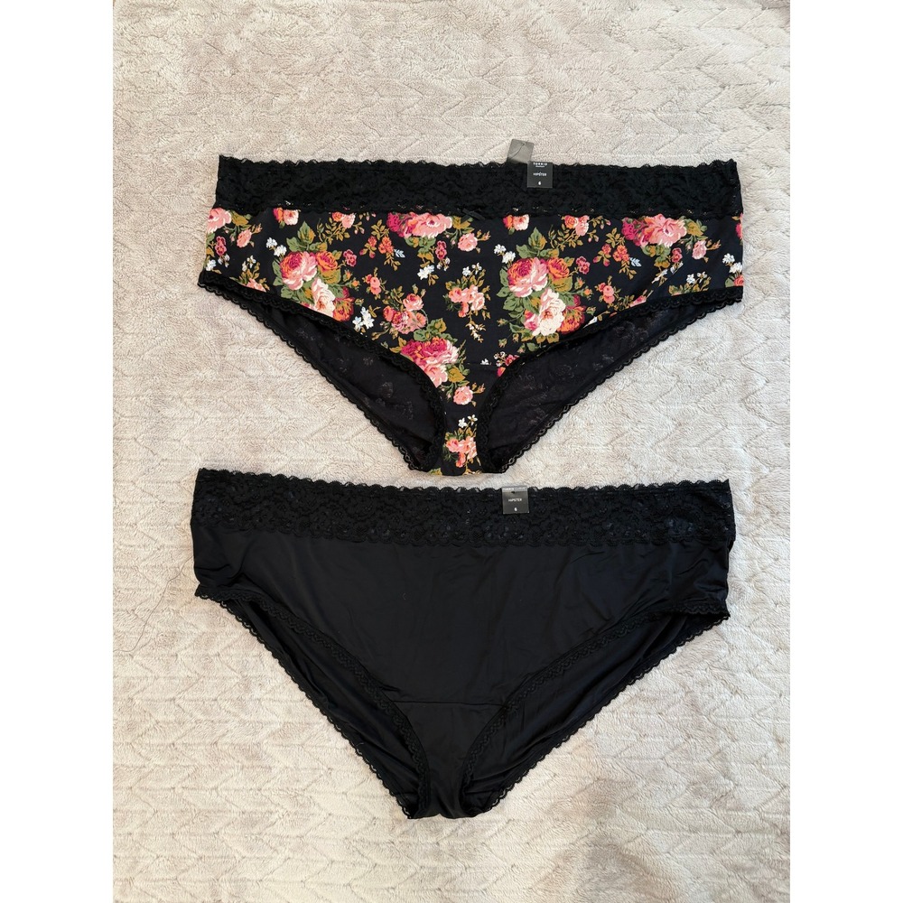 Torrid Curve Hipster Panties Set 2 Pack Black Floral Lace Trim Womens Size 6 6X